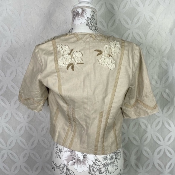 Elie Tahari Beige Linen Cotton Blend Embroidered Cropped Jacket - Picture 12 of 14